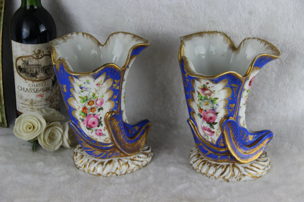 PAIR jacob petit marked Cornucopia horn Vases vieux paris porcelain hand paint