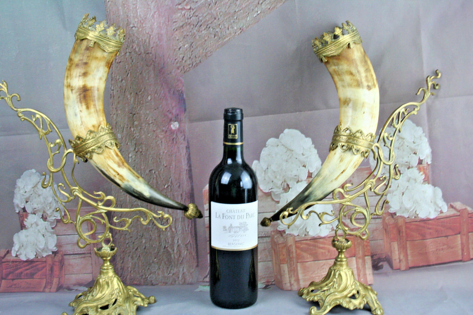 XL Exclusive PAIR Art nouveau 1900 austrian/german Brass Cornucopia horn hunting