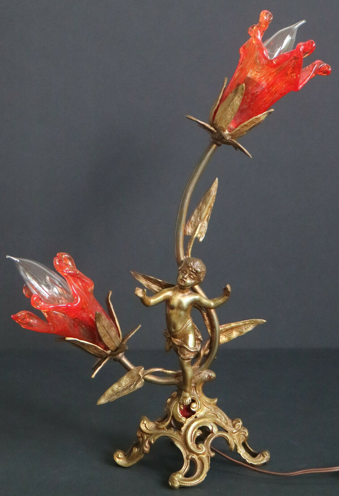 French Vintage bronze putti table lamp red Murano glass shades
