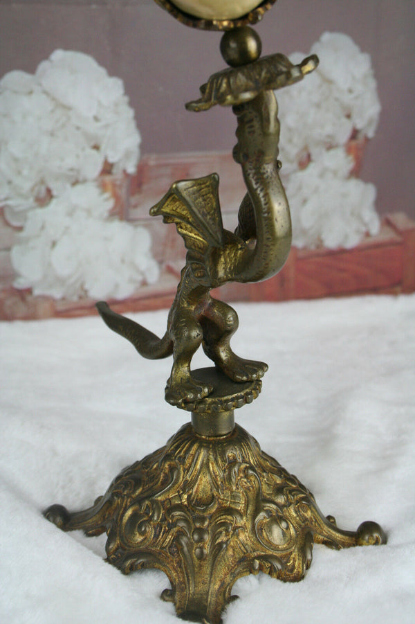 PAIR antique Cornucopia horn Gothic dragon chimaera with eagle on top rare