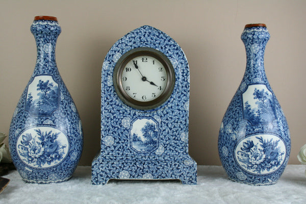 Boch Pottery Clock set Vases Forest Blue white delft decor 1925 marked