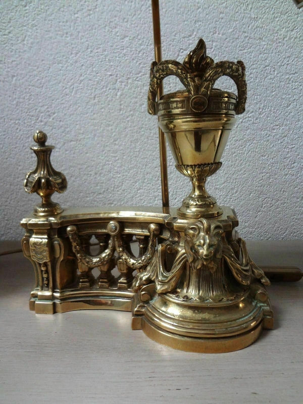 PAIR antique Bronze empire fireplace andirons lion heads mounted table lamps