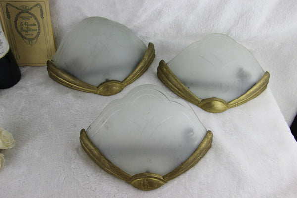 SET 3 French art deco design 1930 metal Glass wall lights sconces