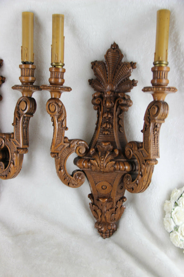 PAIR antique French wood carved wall lights sconces detailed 1920's