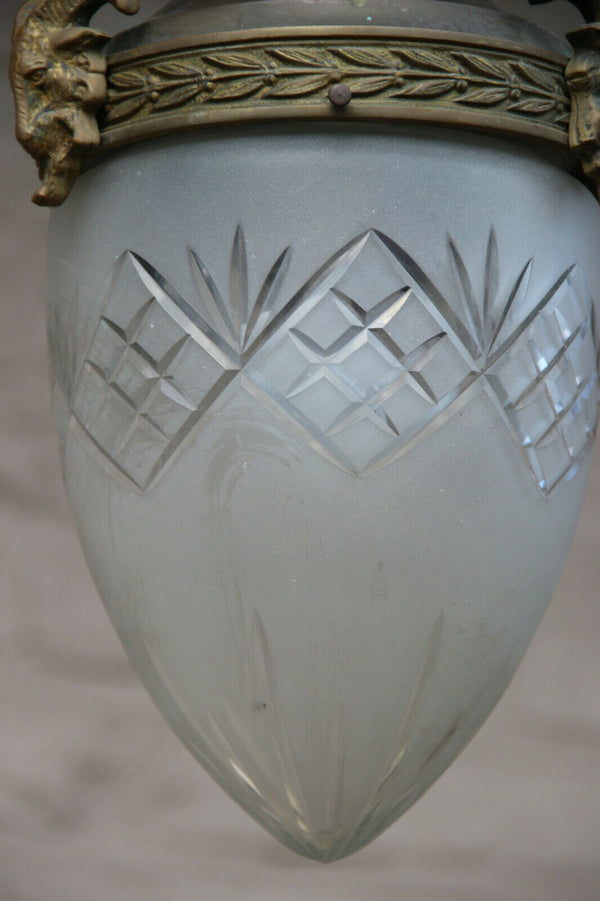 Antique French lantern pendant lamp chandelier crystal glass  shade ram heads