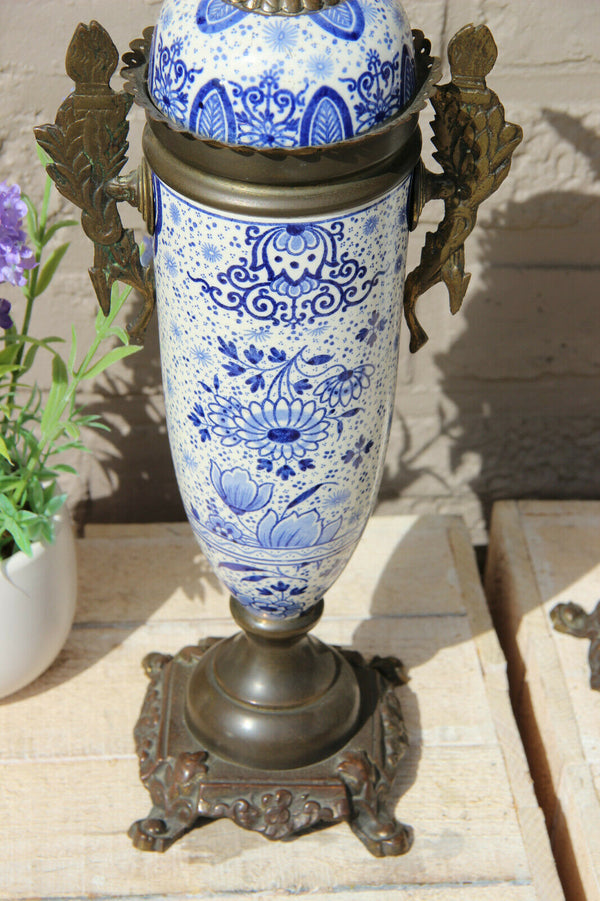 PAIR antique Delft blue white pottery bird floral decor Vases urns