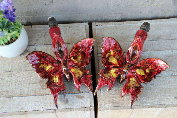 PAIR french vintage Vallauris ceramic butterfly wall lights sconces rare 1970