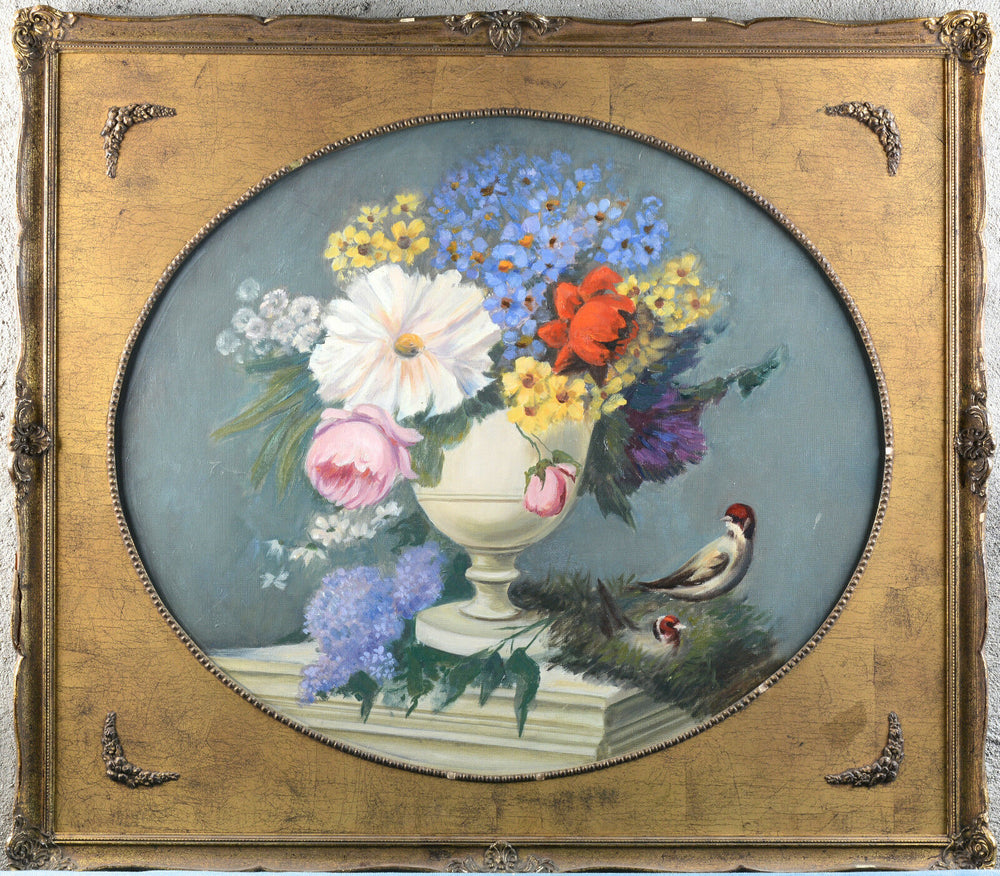 Gorgeous Flemish school Oil canvas painting birds oval framed 1970's flowers