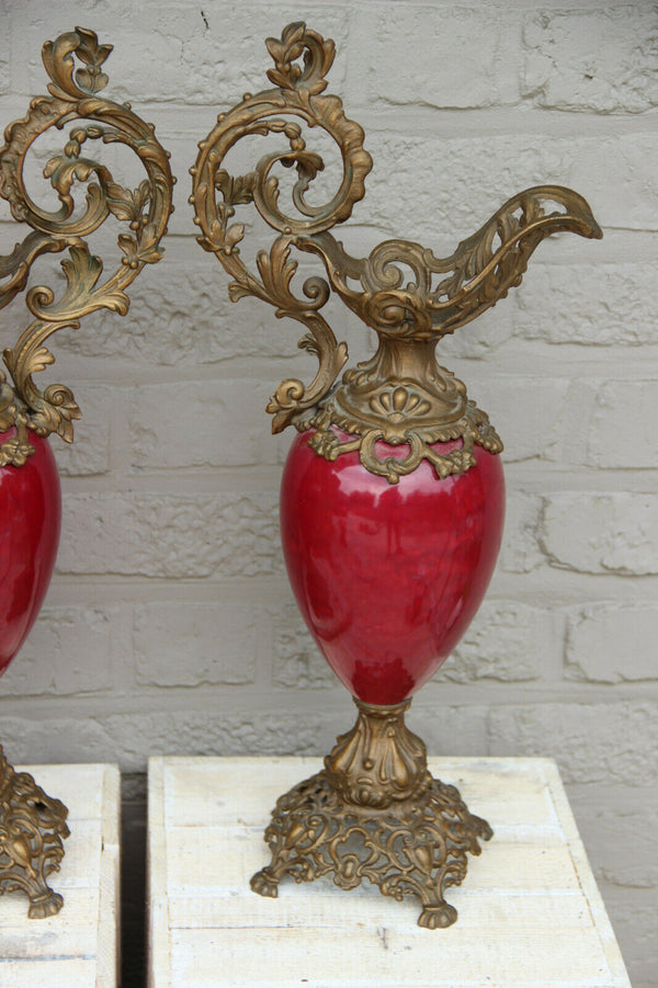 Antique French spelter Faience sang de boeuf Vases ewer pitcher