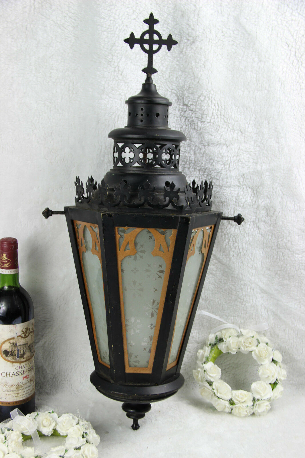 Religious gothic church Lantern light  metal black cross Glass Candle holder