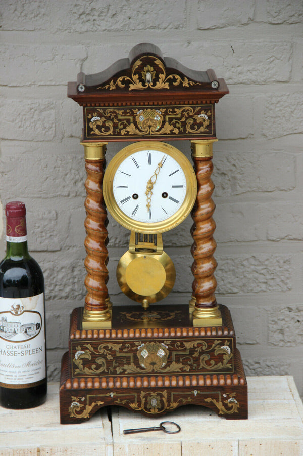 Antique French portico NAPOLEON III mantel clock inlaid barley twist column