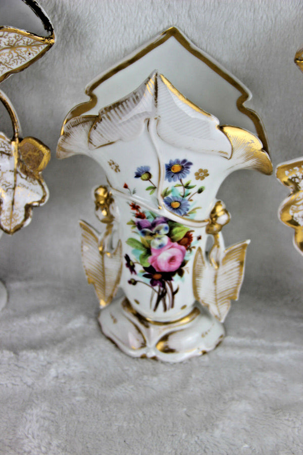 Antique French vieux old paris porcelain Vases set of 3 Floral hand paint decor