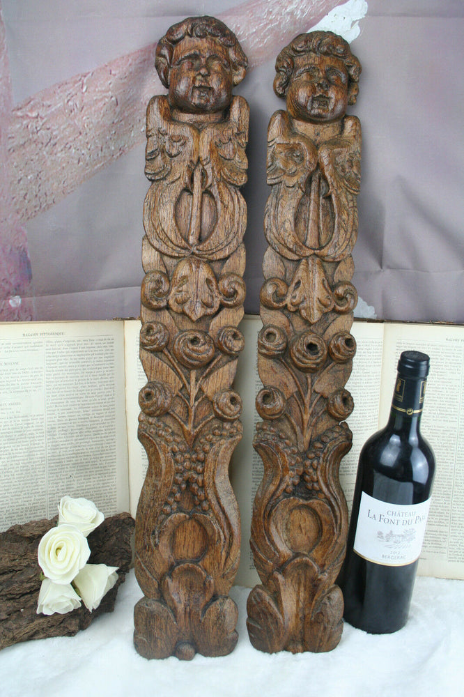 Antique 1880 PAIR German wood carved black forest panels plaques cabinet putti