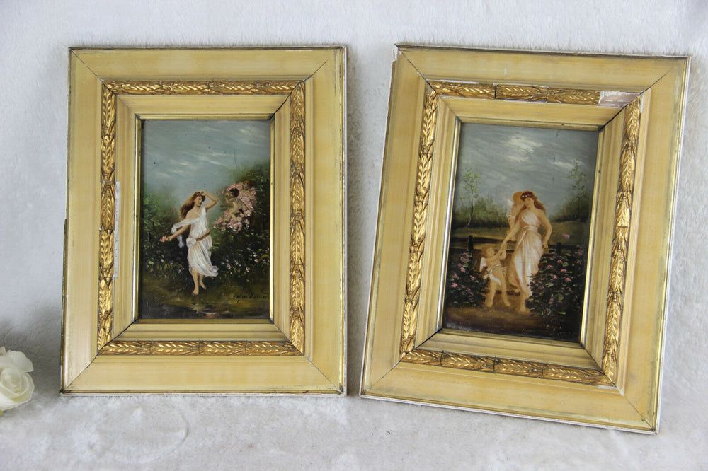 PAIR French romantic putti oil panel painting romantic scene