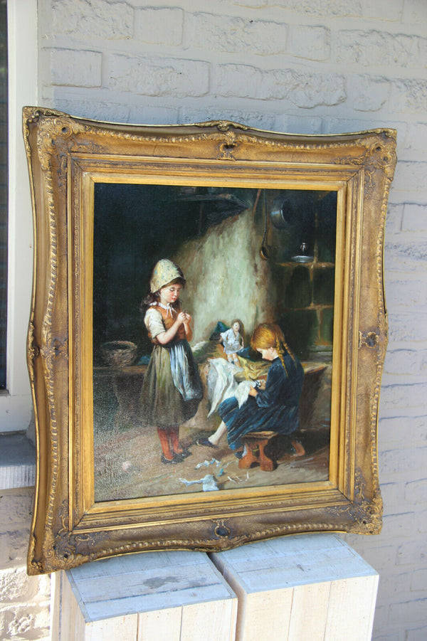 Stunning Flemish kids playing doll interior oil canvas vintage painting 1970s