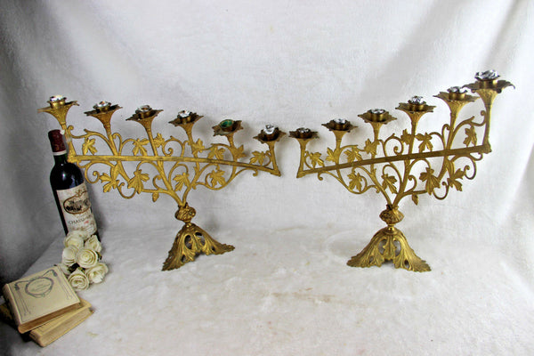 PAIR altar church candelabras candle holders 6 arms 1930 Brass floral religious