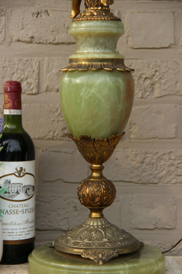 Huge French angel putti metal figurine onyx marble table lamp 1960