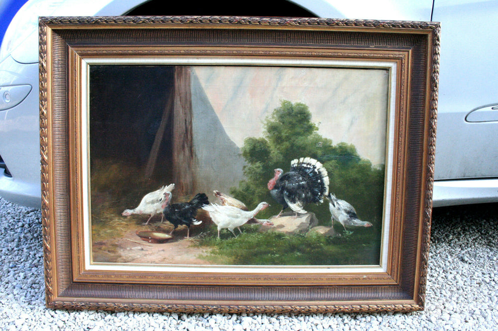 Listed SCHOUTEN (Belgian, 1860-1922) oil canvas painting Belgian chicken