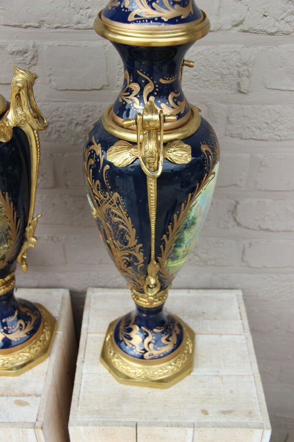 XL pair French limoges porcelain romantic landscape scene Vases