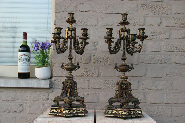 PAIR french antique Bronze putti dragon gothic castle candelabras candle holder