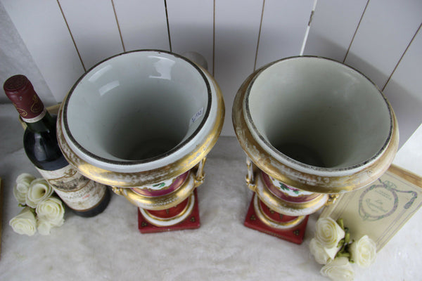 PAIR french empire medici Vases Urns floral decor lion satyr handles 1920