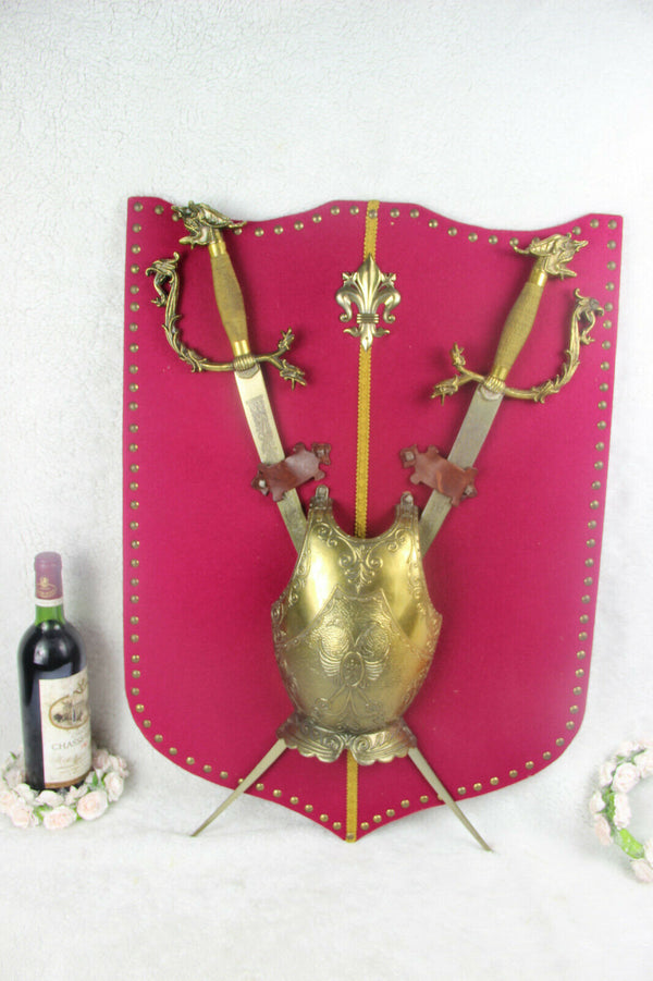 Vintage French fleur de lys dragon gothic armor shield wall red velvet 1970