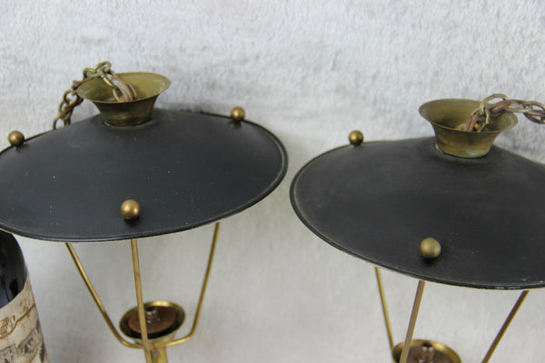 PAIR mid century Maison Arlus France 1960 pendant lantern lamps metal brass