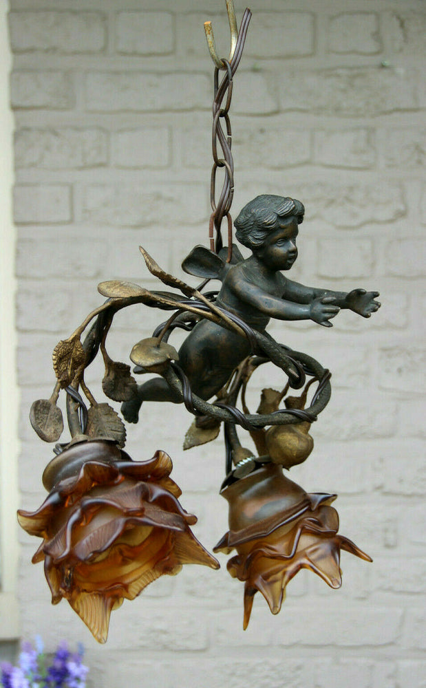 Antique french bronze putti angel 2 arm pendant lamp chandelier rose bush rare