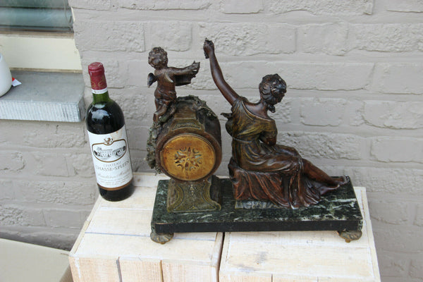 Antique French spelter Bronze group lady putti with grapes clock marble base