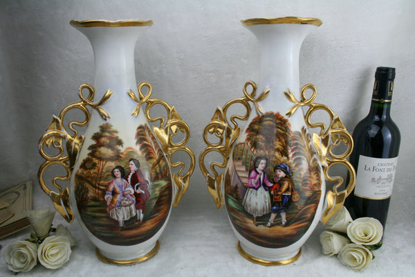 Exclusive Antique 19thc French vieux paris porcelain vases romantic scene rare