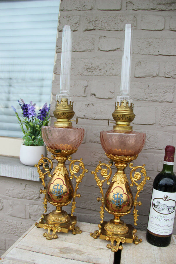 Rare Antique bronze French Church altar PAIR oil Lamps enamel decor religious