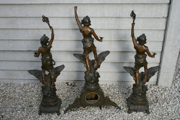 Huge XL French Spelter bronze figurines eagle clock set 60's