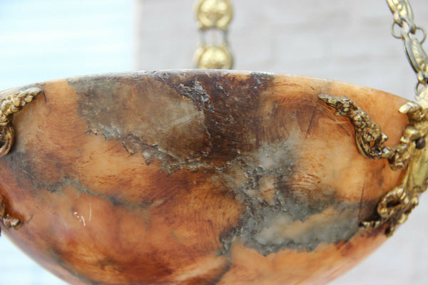 Gorgeous French amber alabaster bowl coupe caryatid heads chandelier lamp