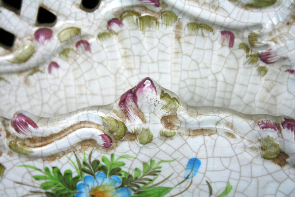 French vintage Majolica Biscuit Craquele Wall Antique Letter holder Flowers