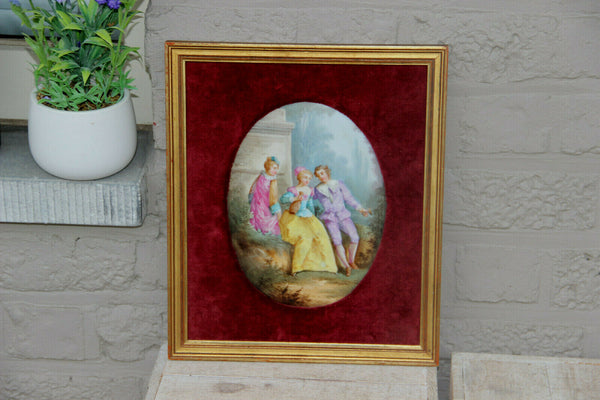 Antique French Limoges hand paint porcelain plaque medaillon in frame velvet