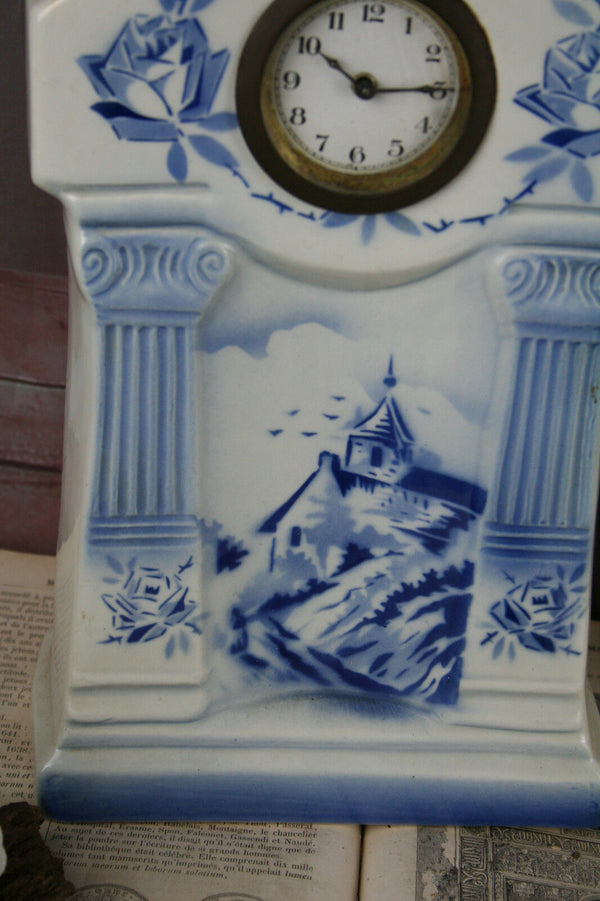 1960 Belgian Blue white pottery delft motif mantel clock marked