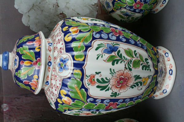 Set of 3 DELFT polychrome pottery Vases Marked floral decor mantel garniture