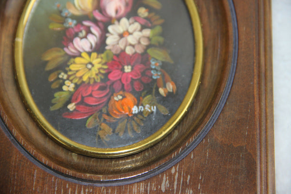 PAIR French Floral painting miniature portraits oval medaillon still live 1960'