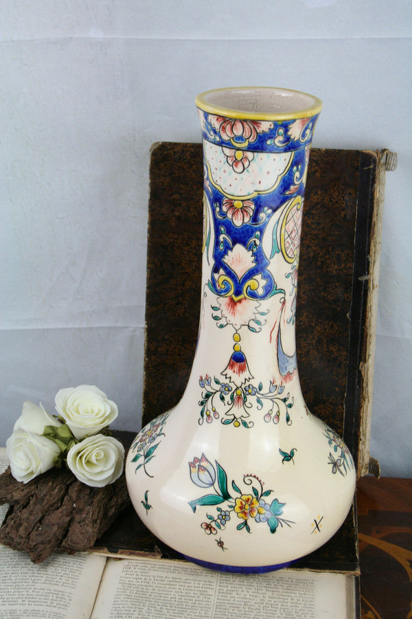 French Faience Longwy pottery Vase Polychrome 1920  marked art deco porcelain