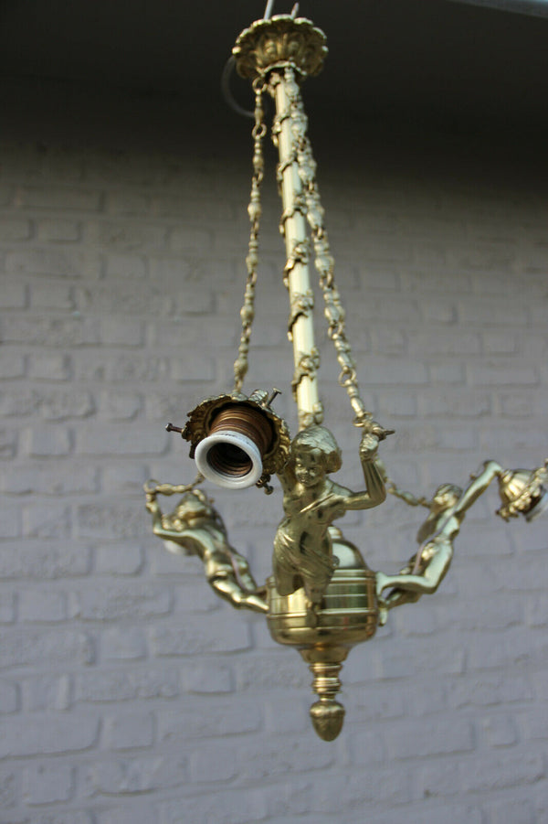 French Brass 3 Putti angel Chandelier lamp chains