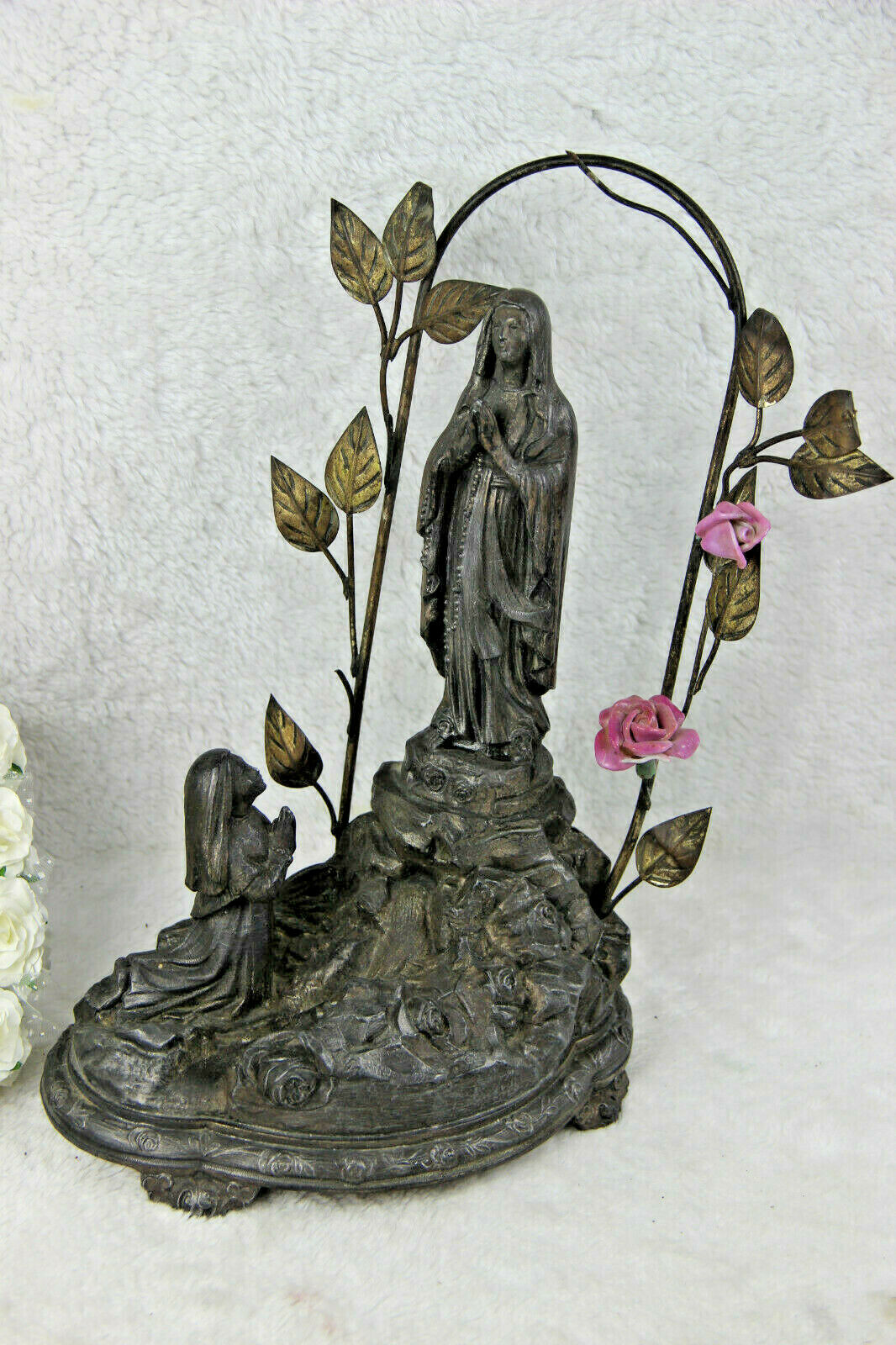 Antique French LOURDES virgin Mary apparition music box ave maria religious