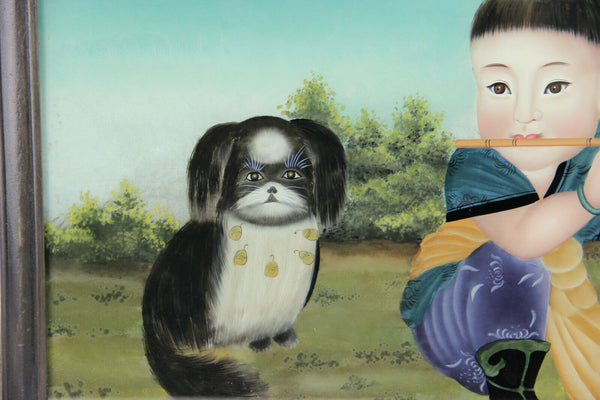 Chinese EGLOMISE Reverse glass painting child pekinese dog