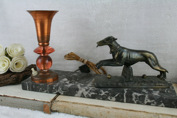 ART DECO 1930 greyhound whippet bronze patina copper lamp marble base