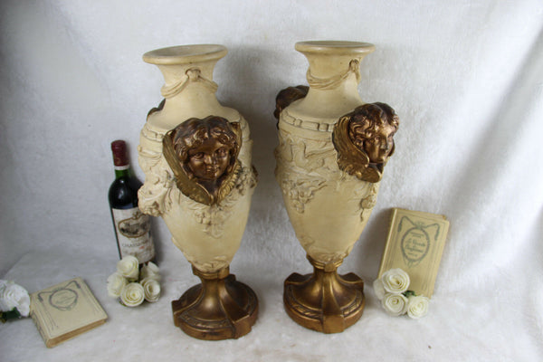 PAIR XL Chalkware French antique VASES putti heads birds decor marked