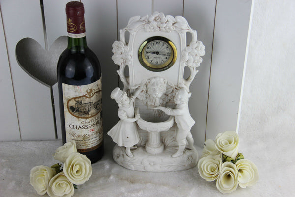 German Bisque porcelain Group fountain lion clock marked group