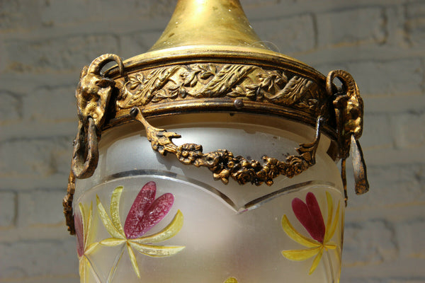 Antique French Lantern Pendant chandelier bronze ram heads enamel glass shade