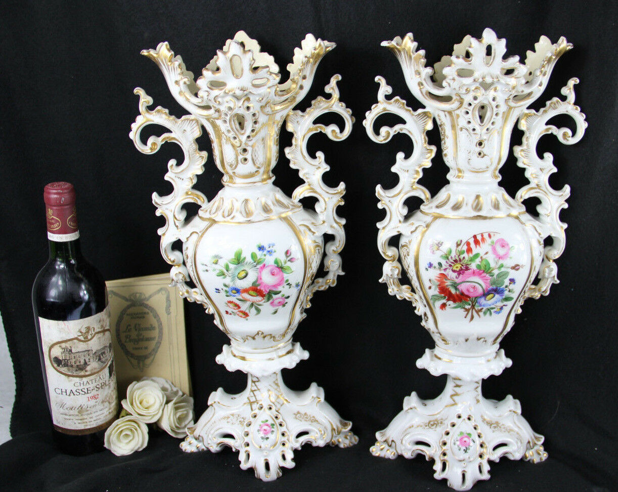 LARGE PAIR VIEUX PARIS  porcelain 1900 French antique VASES floral decor
