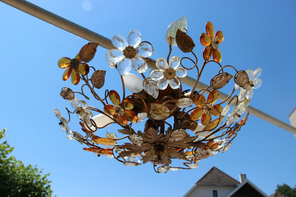 French Mid-Century Cut Amber Crystal Floral Pendant Chandelier Maison Baguès