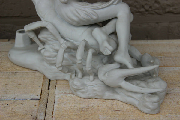 Antique French bisque porcelain large group statue lady scorpion animal