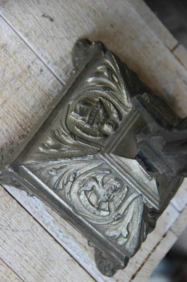 Antique French religious spelter crucifix cross 4 evangelists base symbols